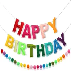 Happy Birthday Banner - Rainbow Color Felt Ball Garland, Personalized Sign