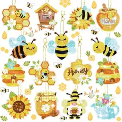 15 Pcs Bee DIY 5D Diamond Painting Keychain Spring Nature Full Drill Making Key Chains Key Ring Diamond Art Keychains Pendant DIY Diamond Accessories for Spring Summer Easter Decor