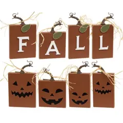 Reversible Fall Pumpkin Blocks &ndash; Set of 4 Wooden D&eacute;cor Pieces with 'FALL' Letters & Jack-o-Lantern Faces