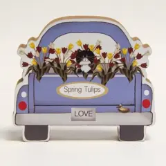 Blue Wood Spring Tulips Truck Decor with Cat, Vintage Style and Tabletop Accent