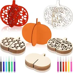 48 Pcs Fall Craft Set 36 Wood Pumpkin Crafts 3D Pumpkin Cutouts with 12 Colored Markers