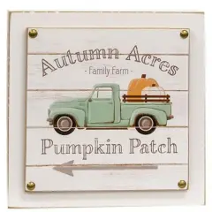 Autumn Rustic Wooden Box Sign with Vintage Blue Truck and Pumpkin Art for Fall Home Decor