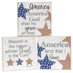 Patriotic Land That I Love Square Wood Block Sign Decor for Shelf or Table 3 Asstd.