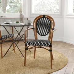 Merrick Lane Mael Set of Two Stacking Thonet Bistro Style Chair with Arms, Textilene Seat, and Bamboo Finished Metal Frame for Indoor/Outdoor Use Black/Natural Frame