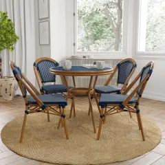 Merrick Lane Sacha Bistro Style Table with Glass Top, PE Rattan, 2 Stack Chairs, and Bamboo Finished Metal Frame for Indoor/Outdoor Use Navy&White/Natural