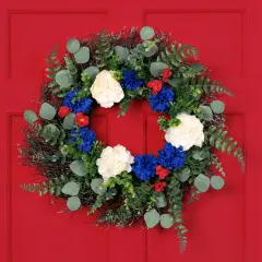 Northlight Americana Mixed Foliage and Florals Artificial Patriotic Wreath - 24"- Unlit Red