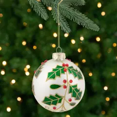 Northlight Holly and Berries Christmas Glass Ball Ornament - 4" - White and Green