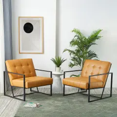 30.5"H Mid-Century Modern Leatherette Button-tufted Accent Arm Chair with Black Metal Frame Camel