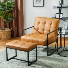 Set of 2 Modern Hunter Thick Leatherette Accent Chair & Accent Stool Camel