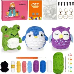 Crochet Kit for Beginners - 3 Pattern Animals Owl, Penguin and Frog