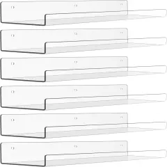 6 Pack Acrylic Shelves for Wall Storage, 15" x 4&ldquo; Floating Bookshelves for Kids, Display Shelf Organizer for Bathroom, Bedroom, Living Room, Kitchen, Room Decor, Clear