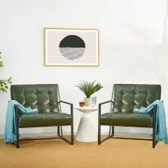 30.5"H Mid-Century Modern Leatherette Button-tufted Accent Arm Chair with Black Metal Frame Green