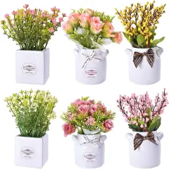 6Pcs Artificial Flowers with Ceramic Pot Fake Flower Arrangements Small Faux Spring Flowers in Vase Home Spring Decor