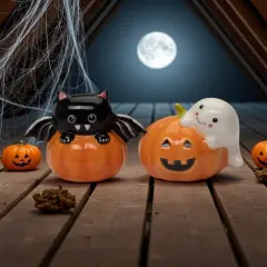 Ceramic Cute Bat and Ghost on Pumpkins Salt and Pepper Shakers, Gift for Her, Gift for Mom, Kitchen D&eacute;cor, Fall D&eacute;cor, Halloween D&eacute;cor
