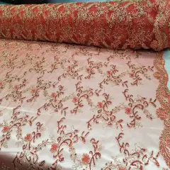 1 Yard Red Metallic Flowers Sequins Mesh Lace Fabric for Tablecloths and Costumes