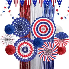 4th of July Decorations Patriotic Decor American Flag Red White Blue Paper Fans Independence Day Star Streamer, Foil Fringe Curtain, Pom Poms, USA Pennant Bunting Party Decor Supplies