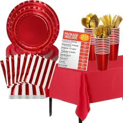 211pcs Shiny Red Plates and Napkins Party Supplies for 30 Guests - Shiny Red Party Plates, Cups, Cutleries, and Napkins Set with Tablecloth for Birthday, Anniversary, Holidays, and Valentines
