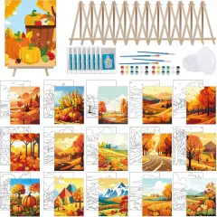16 Set Pre-Drawn Canvas Painting Kit &ndash; 8x10 Inch with Easels & Brushes (Fall)