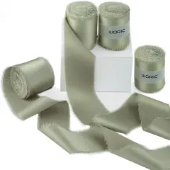 Sage Green Silk Ribbon 1 1/2" x 20 Yard Frayed Edge Light Green Satin Ribbon for Gift Wrapping Party Wedding Invitation Flower Bouquet Holiday Decor