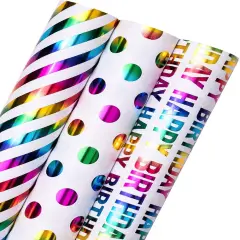 Birthday Wrapping Paper Roll - Mini Roll - 3 Rolls - 17 inch x 120 inch Per roll - Colorful Foil Birthday Design for Party, Holiday, Baby Shower