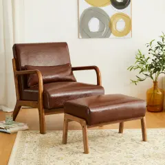 30.75"H Mid-Century PU Leather Armchair with Ottoman Set Brown