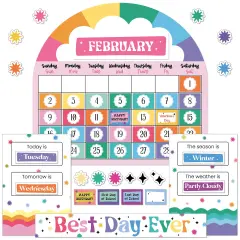 Happily Ever Elementary Retro Remix 107-Piece Calendar Bulletin Board Set, Undated With Monthly Headers, Cover Ups, Weather, Days of Week Chart, Cards, and More Classroom Decor