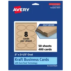 Avery Printable Oval Business Cards, Sure Feed Technology, 2" x 3-1/2", Matte Kraft Brown Cardstock, Print-to-The-Edge, Laser/Inkjet Printable, 80 Total