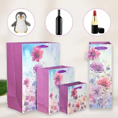 6 Pack Purple Flowers Pattern Embossed Paper Gift Bag with Handles, Assorted Paper Bags with 8 Pcs Tissue Paper for Girls/Women Baby Shower