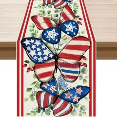 Watercolor America Stars Butterflies Eucalyptus Leaves Patriotic 4th of July Memorial Day Independence Day Table Runner Decoration for Home Kitchen Holiday Party
