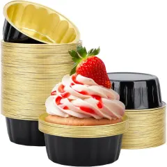 Disposable Baking Ramekins, 8 oz 100 Pack 3.9" 235ml Aluminum Foil Cups Bake Utility Ramekin Cup Souffle Cup Muffin Cupcake Baking Cup Mini Pudding Cups for Party Wedding Birthday - Black Gold