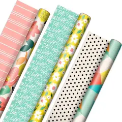 Reversible Spring Wrapping Paper (3 Rolls: 75 Sq. Ft. Ttl) Floral, Lemons, Bright Abstract for Easter, Birthdays, Mother's Day, Bridal Showers, Baby Showers