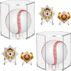 Baseball Display Case UV Protected Acrylic Clear Hexagon Baseball Holder for Tennis Balls,Coins,Memorabilia,with 1 Ball and 2-Coin Racks for Official Size Ball (Hexagon 2 Pack)