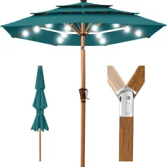 Best Choice Products Woodgrain Pattern 10ft 3-Tier Solar Patio Umbrella w/ 24 LED Lights, Tilt Cerulean