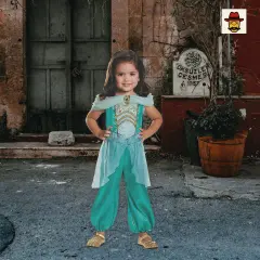 Girls Classic Jasmine Costume Teal Sheer Pantsuit Gold Detailing Disney Princess