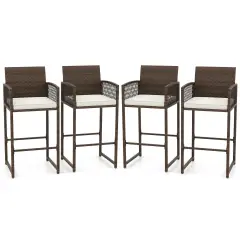 Costway Patio Bar Stools Set of 2/4 PE Rattan Bar Height Chairs with Backrests & Armrests