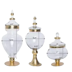 3 pcs 11" 16" 18" tall Clear Glass Gold Trim Apothecary Jars Candy Buffet