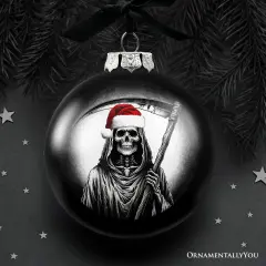 Grim Reaper Christmas Spooky Portrait Glass Ornament, Black Horror Halloween Tree Decoration