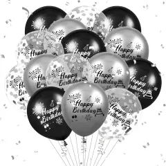 Black Silver Birthday Balloons Decorations 15pcs Happy Birthday Party Latex Confetti Balloons