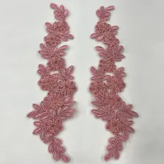 1 Pair 9.5" x 2" Each Side Beaded & Corded Floral Lace Applique Embroidered on 100% Polyester Net Mesh Dusty Rose