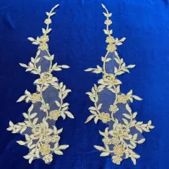 1 Pair Beaded & Corded Floral Lace Applique 17" X 4.5" Each Side, 100% Polyester Net Mesh Metallic Gold
