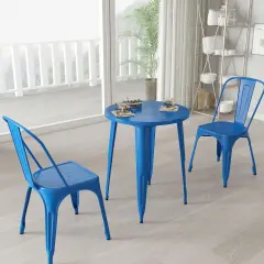 Merrick Lane Calgary 24" Round Metal Table for Indoor and Outdoor Use Blue