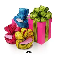 Colored Fabric Ribbon with Black Polka Dots 1.5" x 10 yd Lime / Black