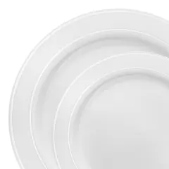 White with Silver Edge Rim Plastic Dinnerware Value Set (120 Guests)