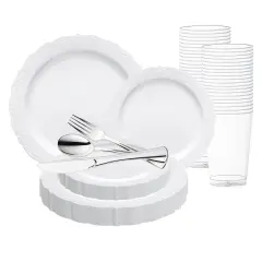 White with Silver Vintage Rim Round Disposable Plastic Wedding Value Set (20 Settings)