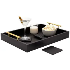 Black Serving Tray for Coffee Table, 16x12" with Coasters, Decorative Interchangeable Gold andSilver Handles