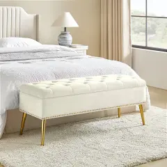 Upholstered Velvet Storage Bench with Tufted Seat and Gold Metal Legs Ivory