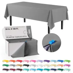 Exquisite Party Solids 54" x 100' Plastic Table Cover Roll with Slide Cutter &ndash; Cut-to-Size Dispenser Box &ndash; Makes Up to 36 Disposable 8' Rectangle Tablecloths Silver
