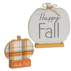 Set of 2 Wooden Fall Pumpkins &ndash; &lsquo;Hello Fall&rsquo; & &lsquo;Happy Fall&rsquo; Freestanding Autumn D&eacute;cor with Jute Bow
