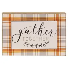 Rustic Wooden Plaid Box Sign with &ldquo;Gather Together&rdquo; Quote Freestanding Fall Decor Accent