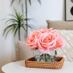 7 PCS Pink Rose Artificial Flowers with Vase Silk Fake Flowers Arrangements in Glass Vase with Faux Water